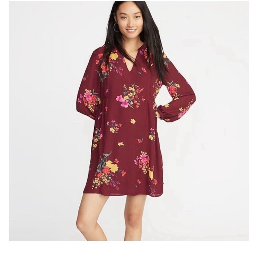 Old Navy Womens Floral Long Sleeve Shift Dress Burgundy Wine V-Neck Mini Large